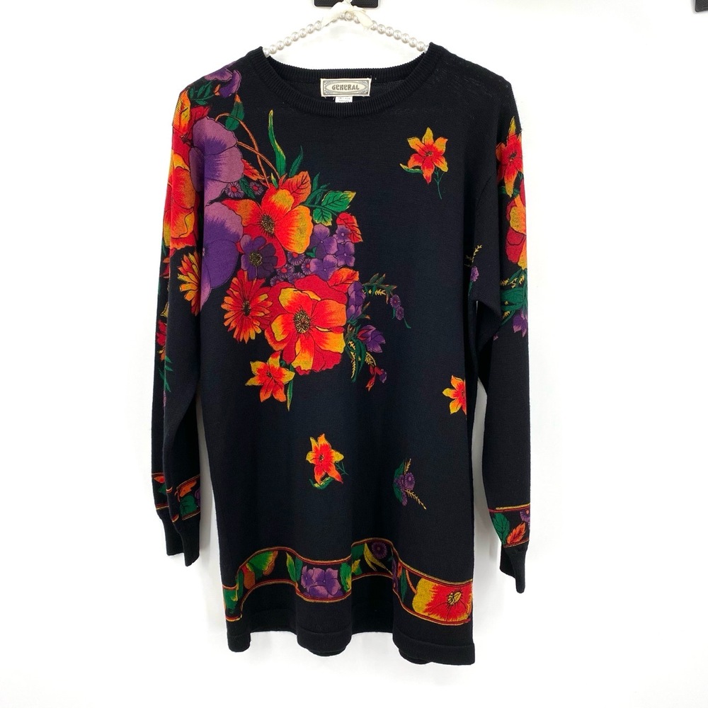 Vintage Wool Sweater‎ Womens M-Large Black Tattoo Floral Knit Crew Neck Abstract